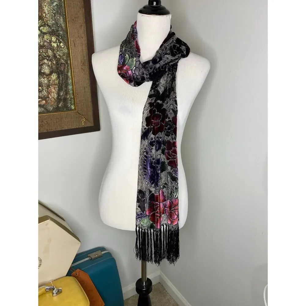 Floral Paisley Burnout Velvet Scarf Fringe Burgundy Purple Black 62”